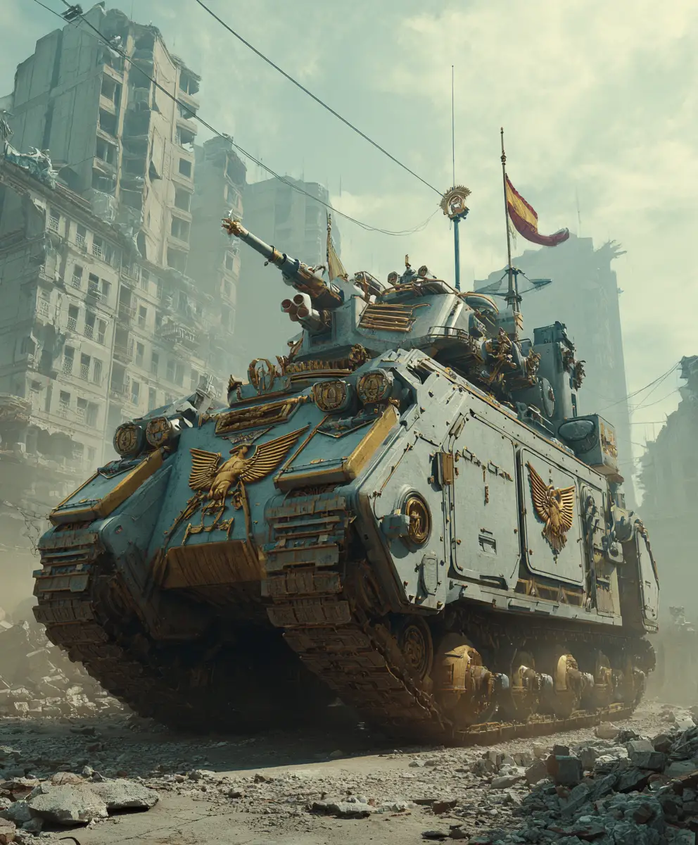 Tanque blindado de inspiração romana em uma cidade moderna em ruínas