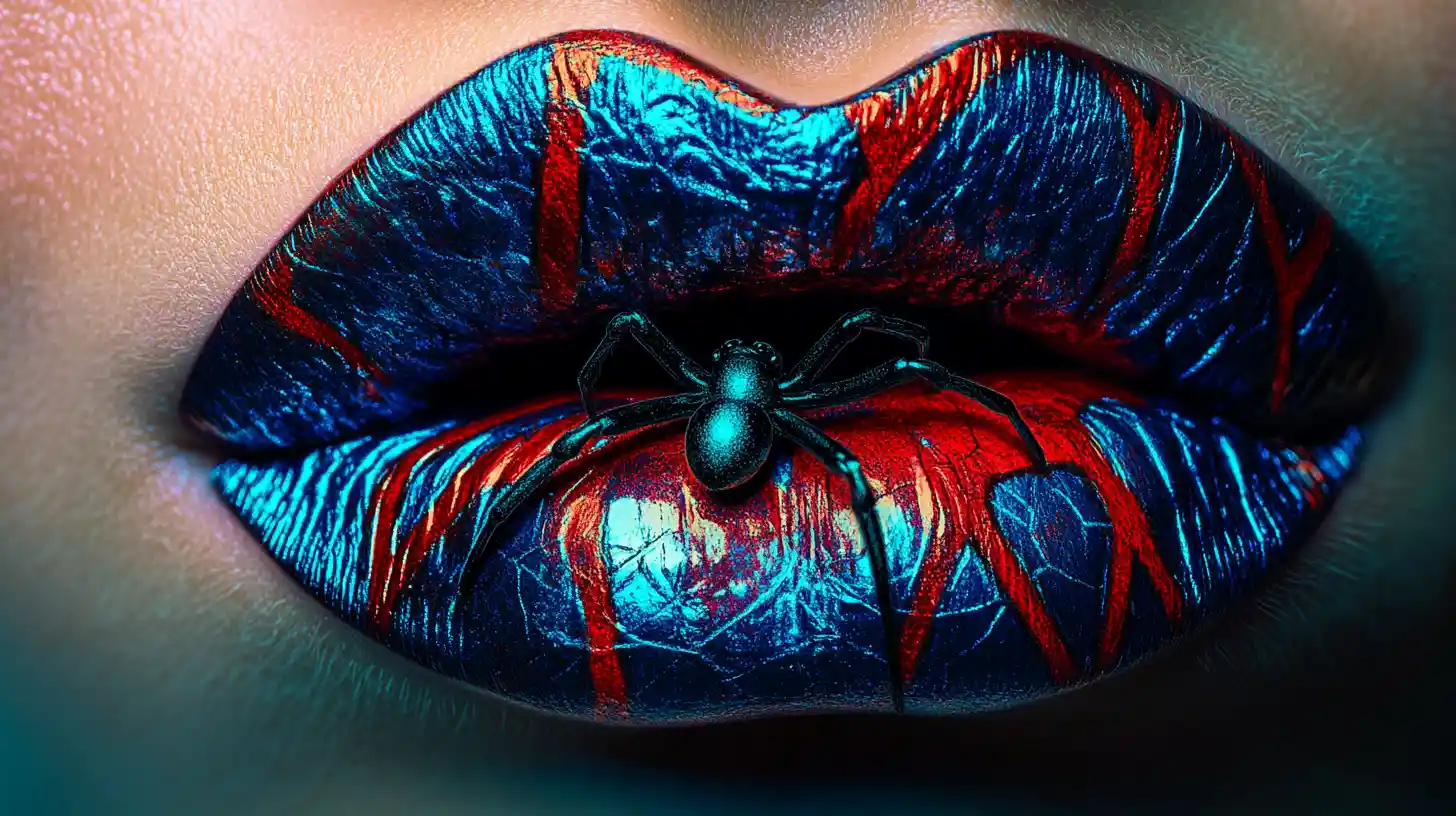 Lèvres rouges et bleues brillantes avec une araignée stylisée