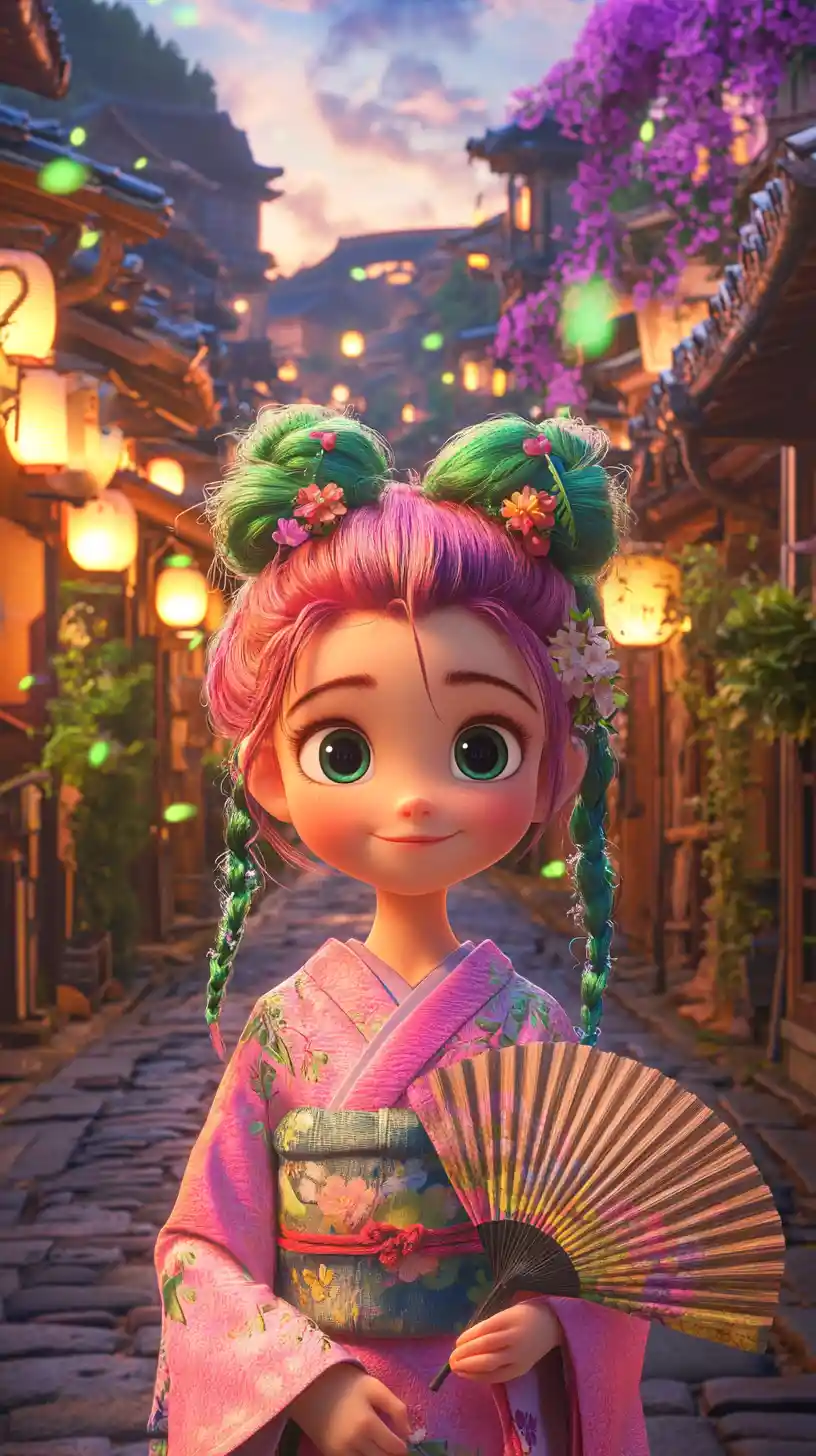 Pink haired anime girl in kimono on a lantern lit street