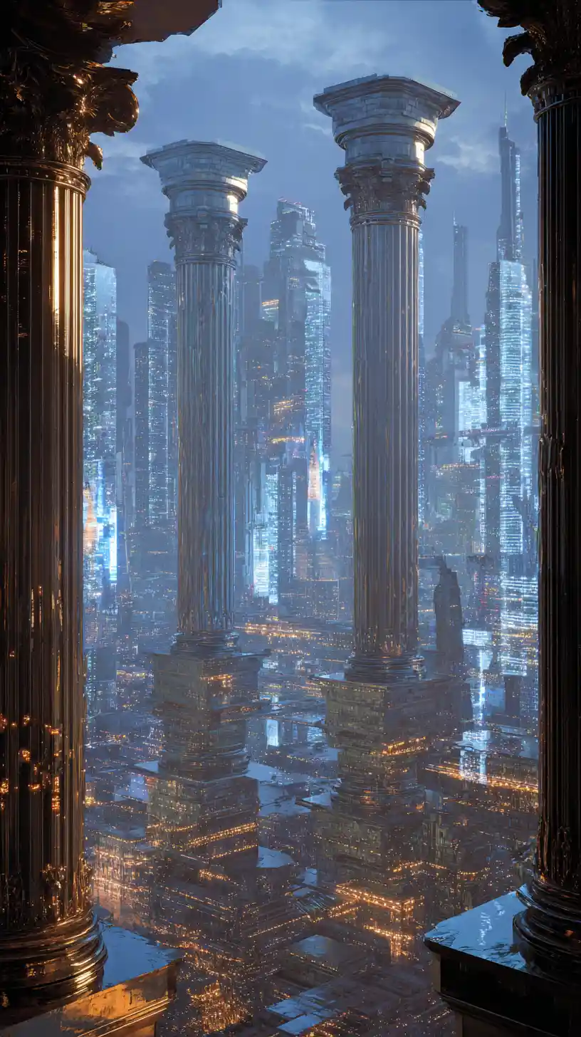 Skyline Futuristica di Città Romana con Torri di Vetro e Metallo