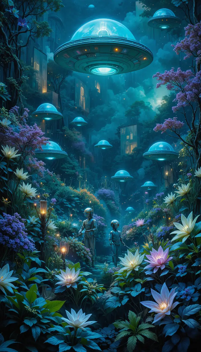 Robôs futuristas fazendo jardinagem em um parque bioluminescente brilhante
