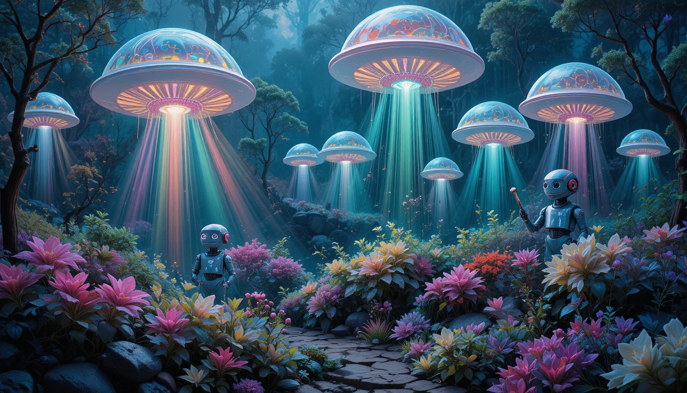 Jardim Futurista Lúdico com Robôs e Plantas Bioluminescentes