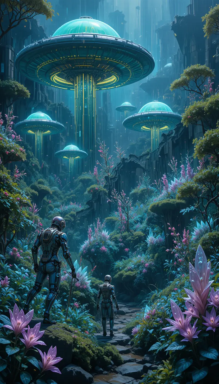Jardim futurista com robôs cuidando de plantas alienígenas brilhantes