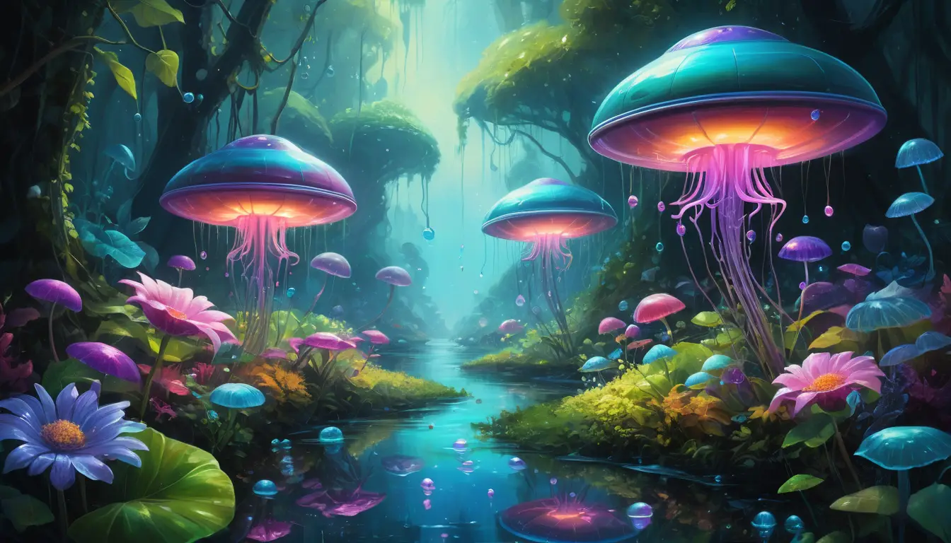 Jardim futurista lúdico com discos voadores e robôs