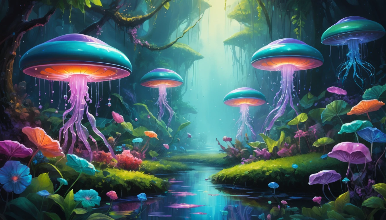 Robôs de jardim futuristas cuidando de plantas bioluminescentes brilhantes