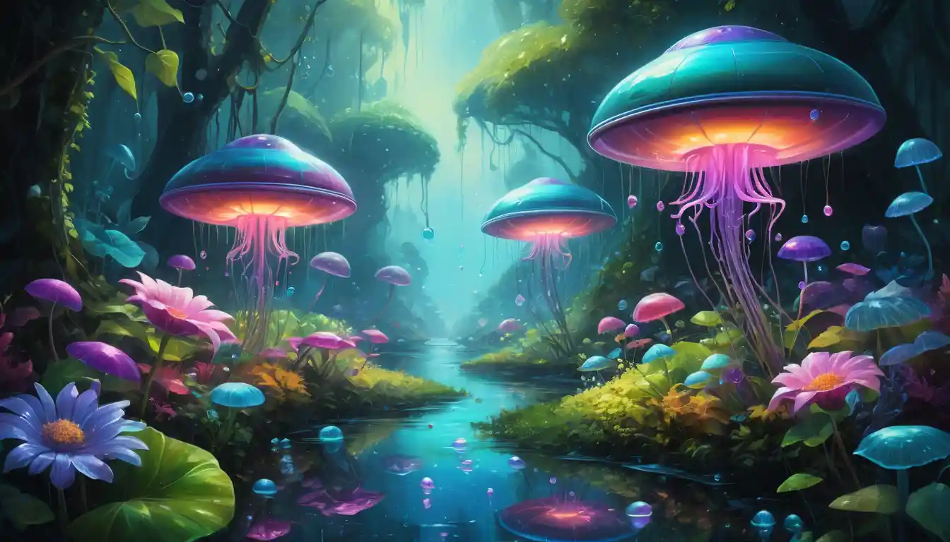 Jardim futurista lúdico com discos voadores e robôs