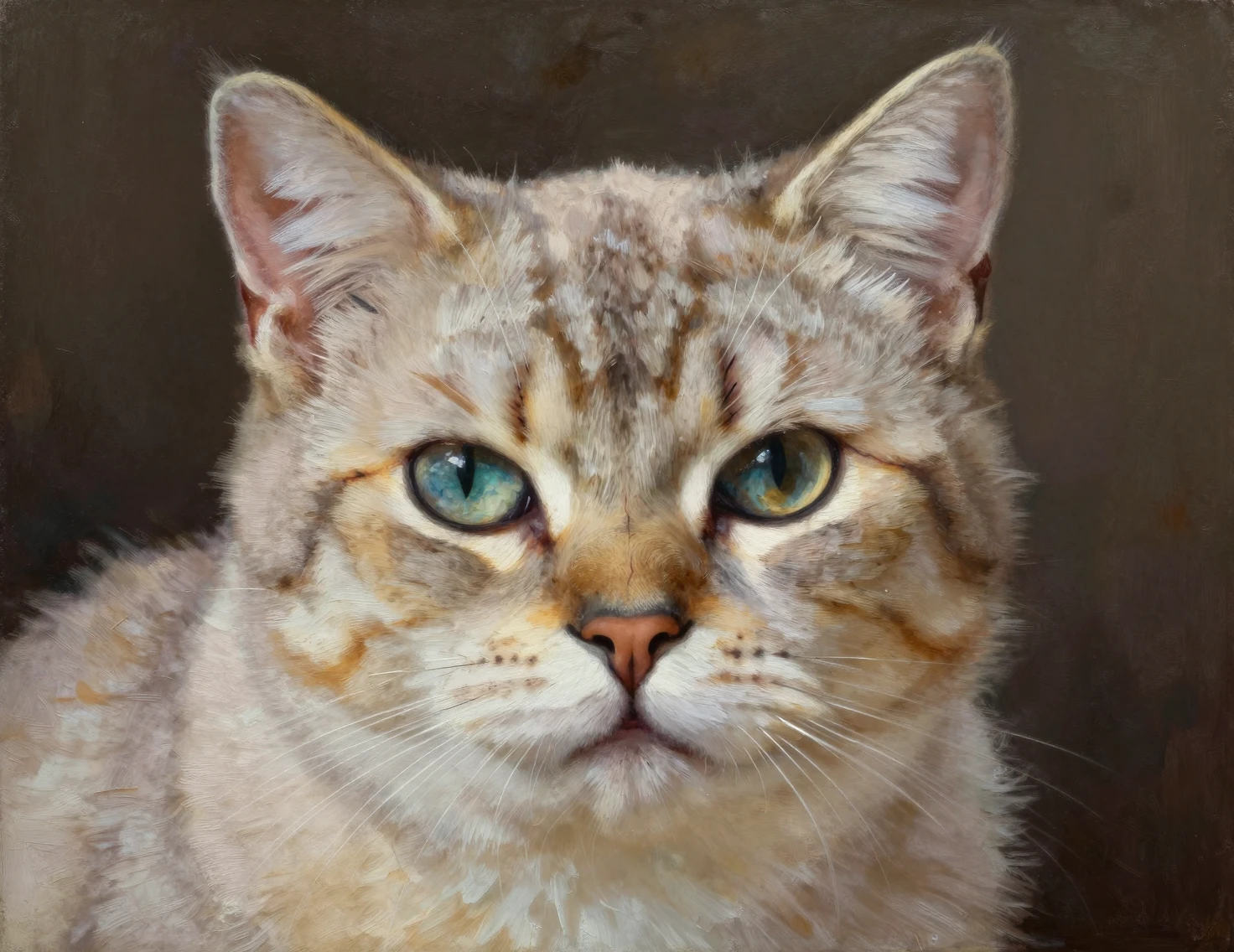 Retrato a óleo de um velho gato de um olho só e cheio de cicatrizes
