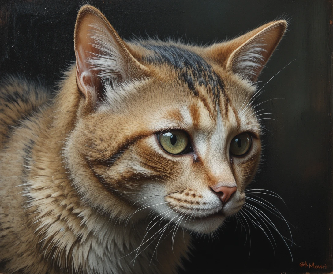 Retrato em pintura a óleo de um velho gato de um olho só e cheio de cicatrizes