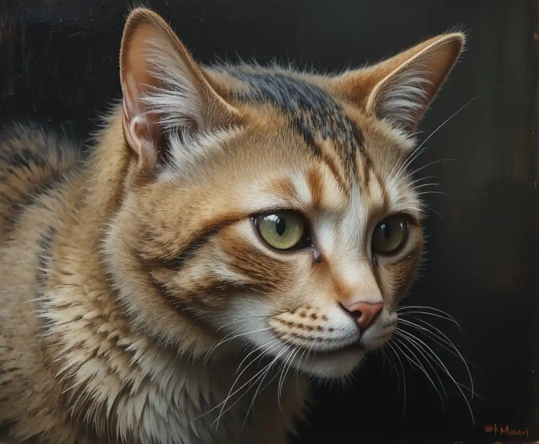 Retrato em pintura a óleo de um velho gato de um olho só e cheio de cicatrizes