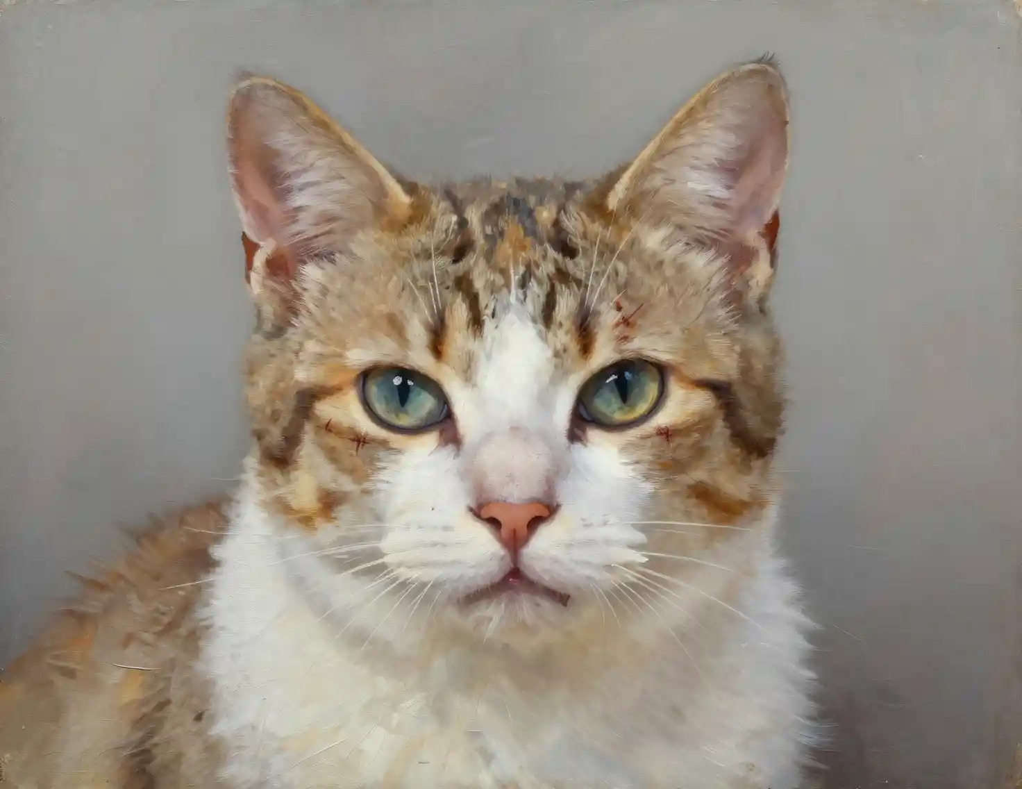 Retrato al óleo de un viejo gato tuerto y lleno de cicatrices