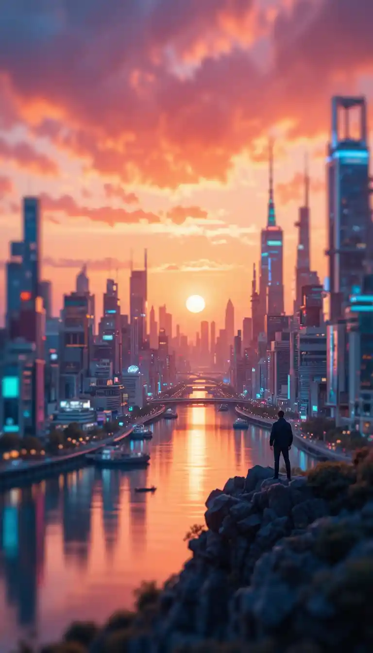 丘から眺める夕暮れの未来都市のスカイライン