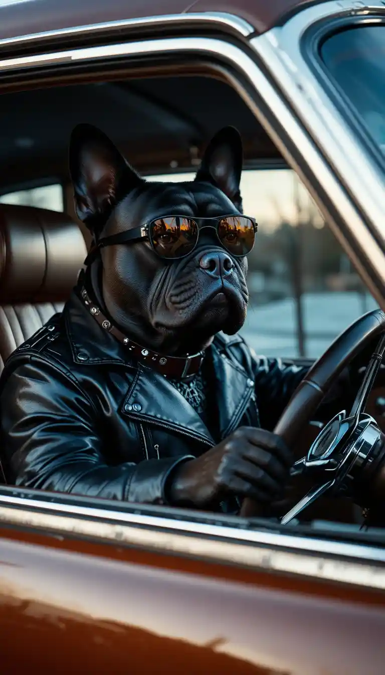 French bulldog driving a luxury car at dusk