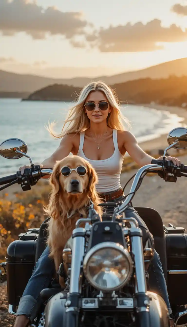 Mulher pilotando motocicleta com cachorro no sidecar ao pôr do sol