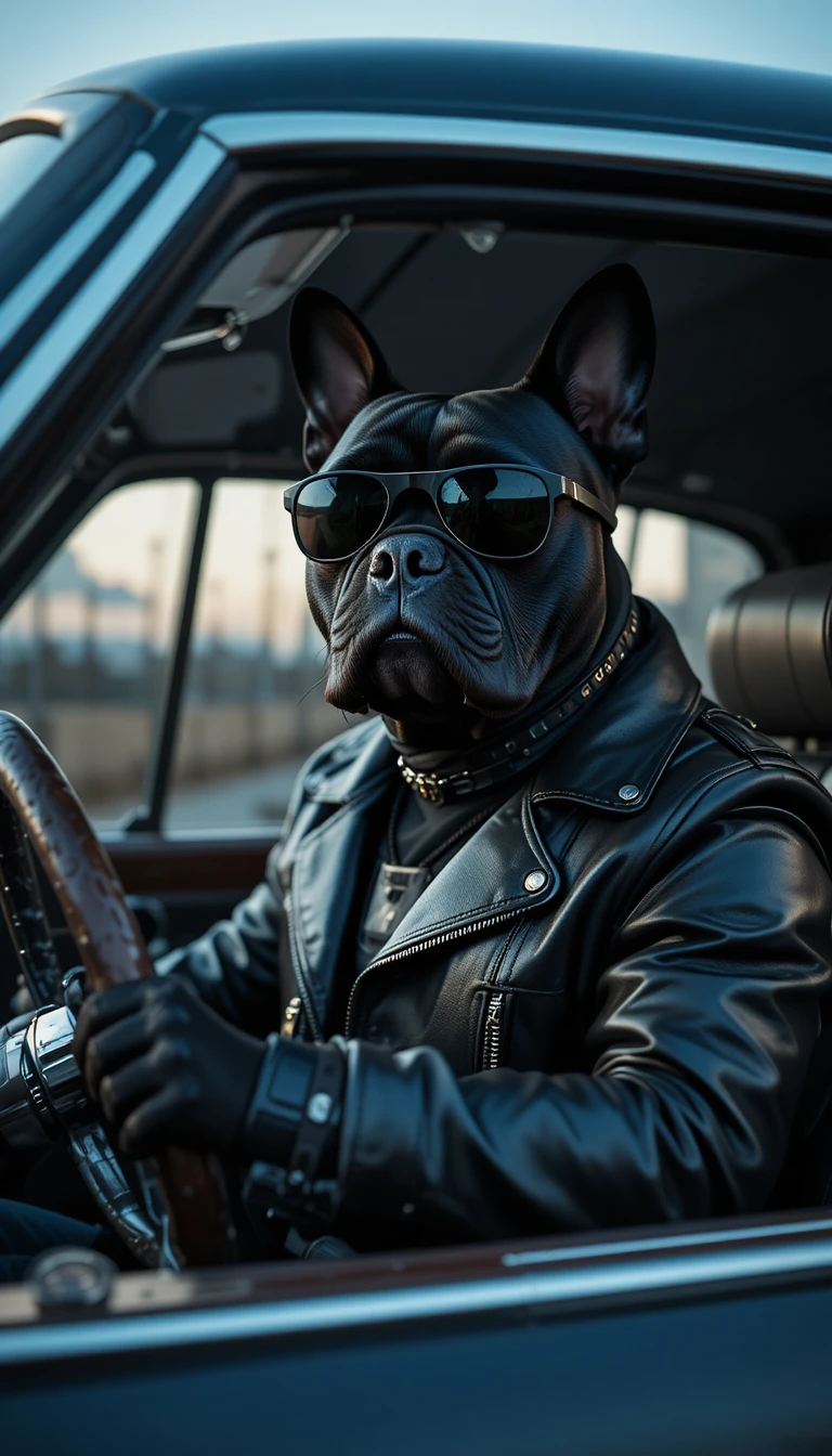 豪華經典車內駕駛座上的法鬥犬