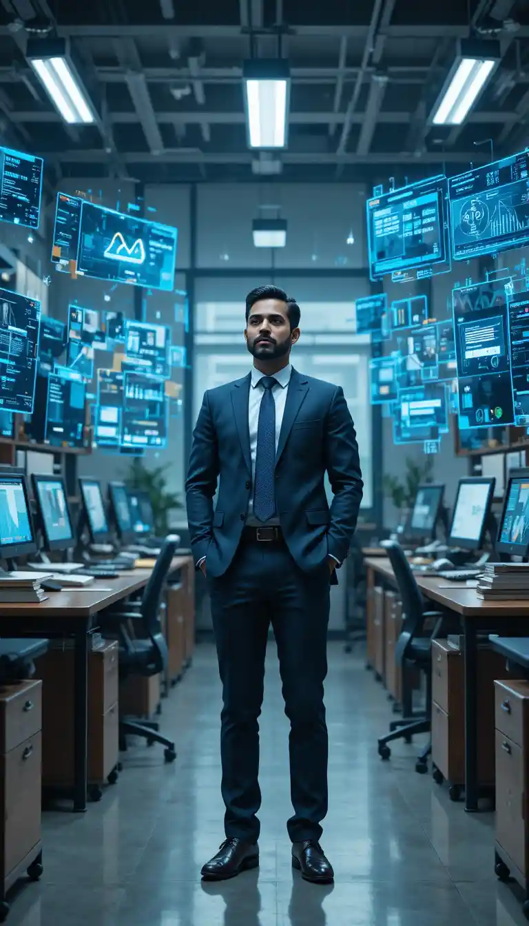 Profissional confiante em escritório moderno com tecnologia de IA