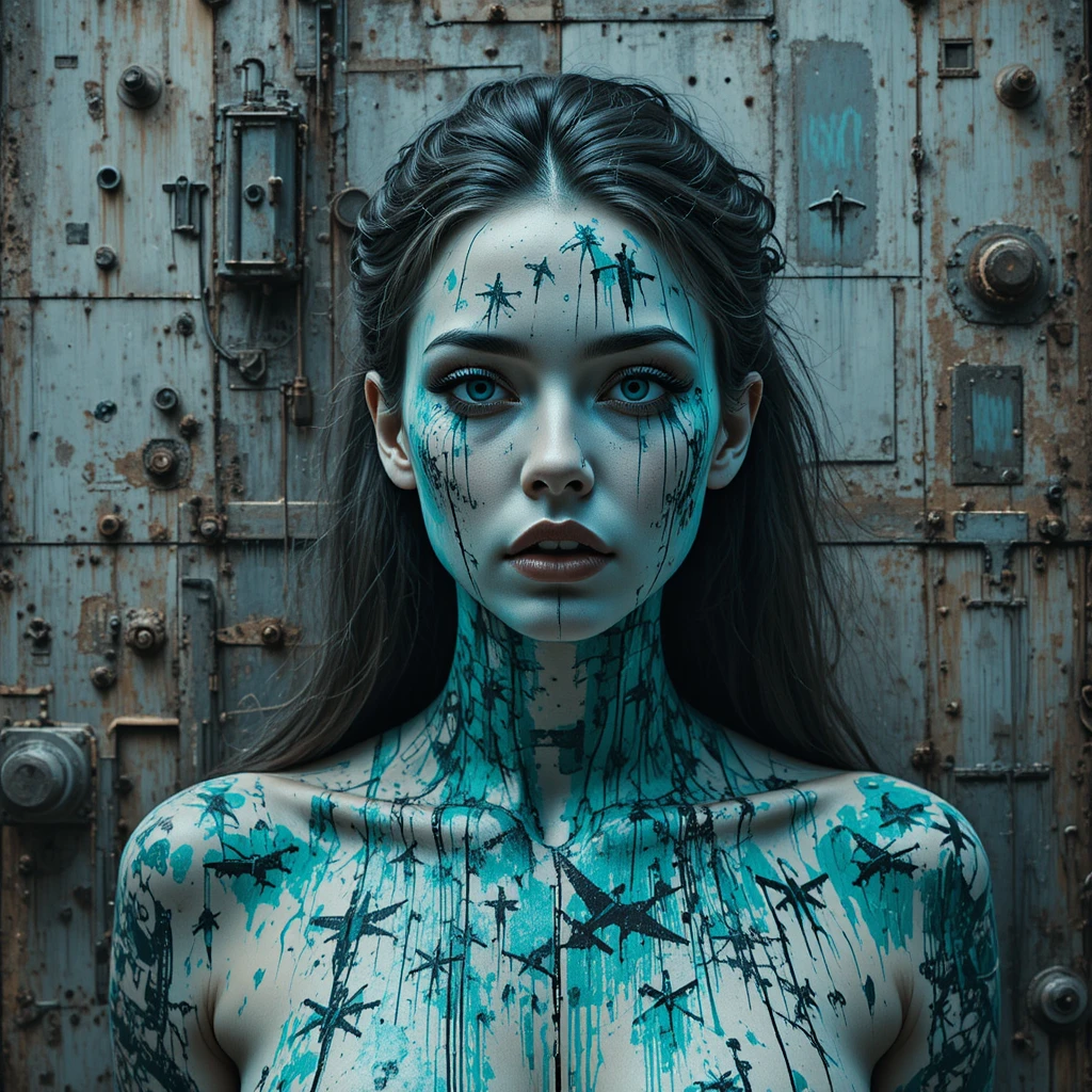 Surreal glitch woman on rusted aircraft carrier hull