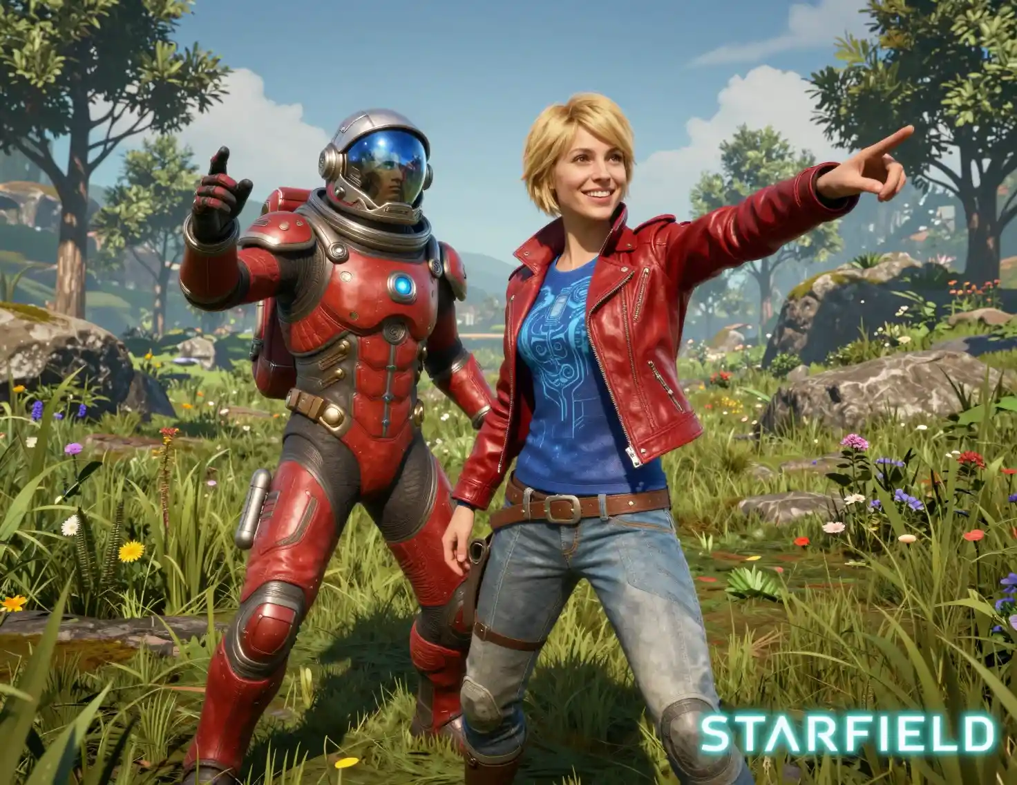 Smiling Woman And Astronaut Dancing In A Grassy Field