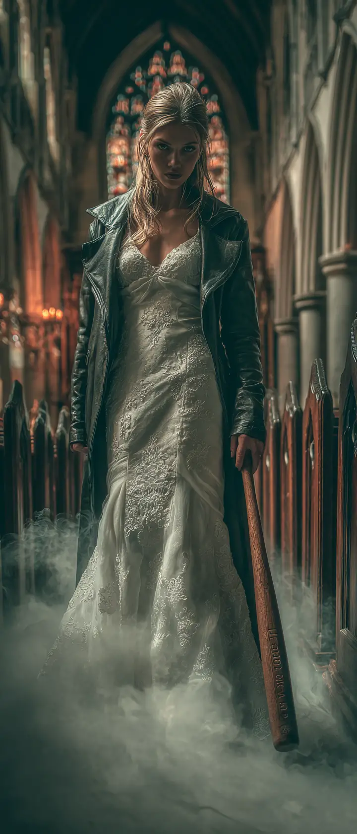 Sposa con mazza da baseball nella navata nebbiosa di una chiesa gotica