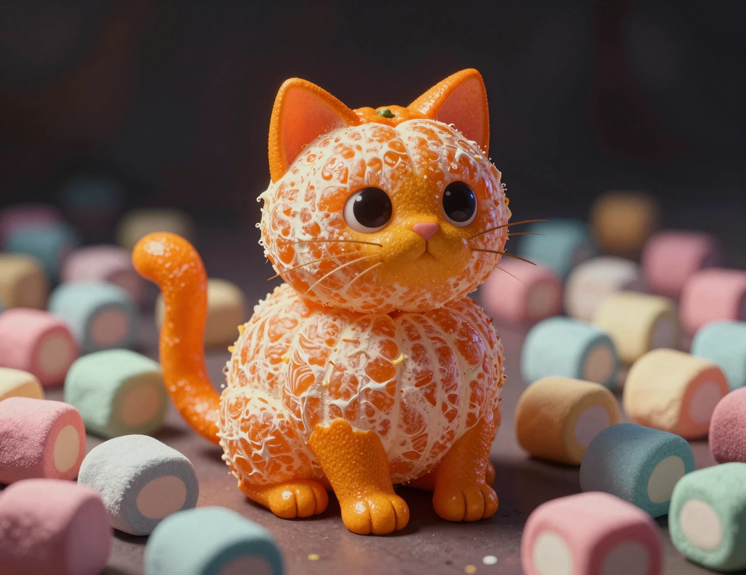 Laranja descascada em forma de gato 3D entre marshmallows coloridos