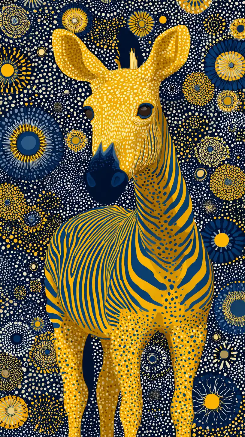 Zebra amarela estilizada em fundo abstrato azul pontilhado