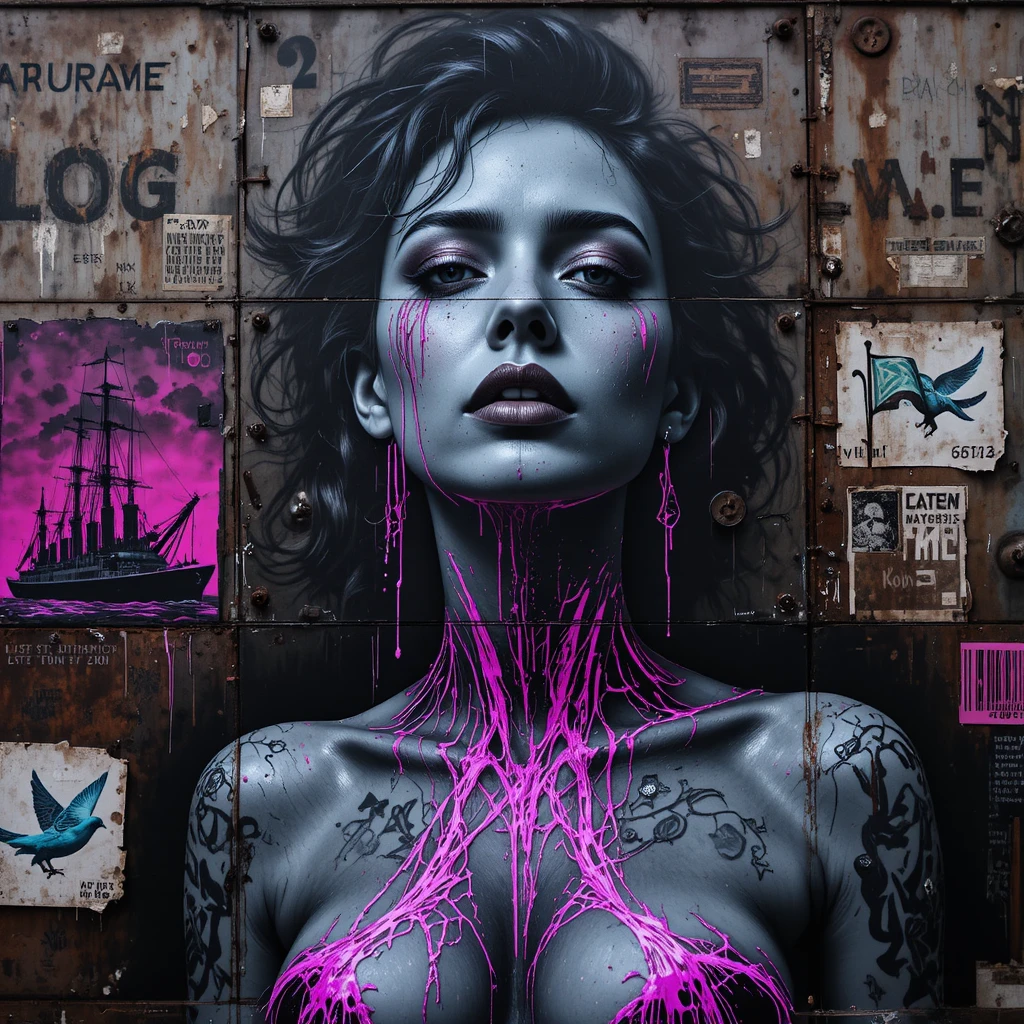 Portrait de femme noir néon peint sur une coque de navire rouillée