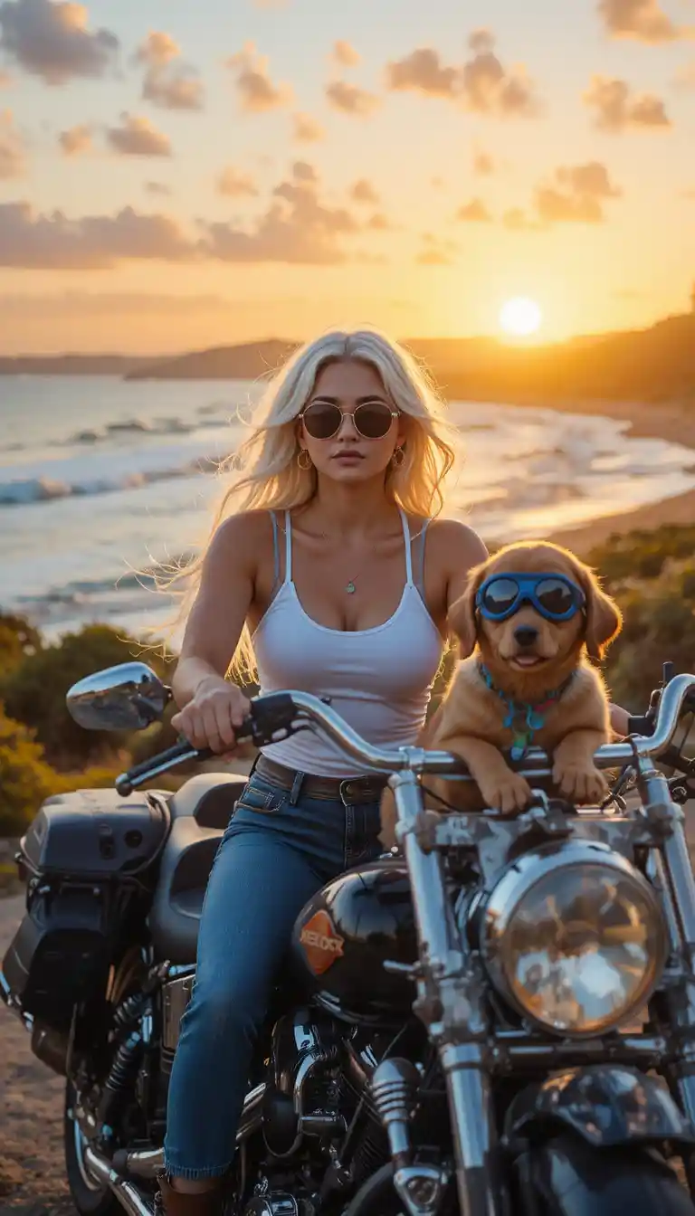 Mulher pilotando moto com cachorro no sidecar ao pôr do sol
