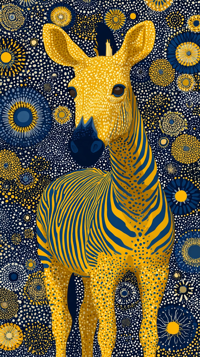 Zebra amarela estilizada em fundo abstrato azul pontilhado