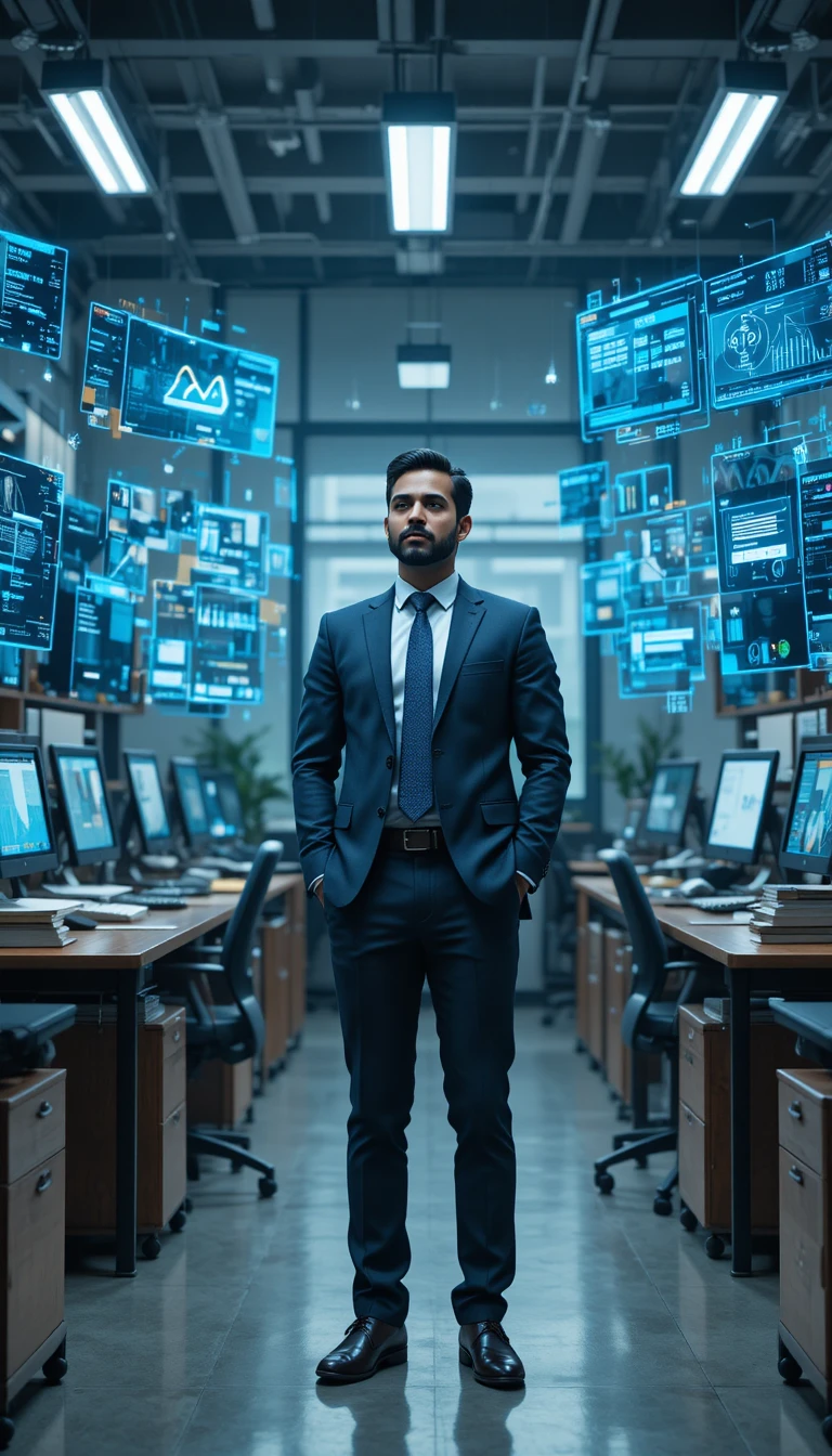 Profissional confiante em escritório moderno com tecnologia de IA