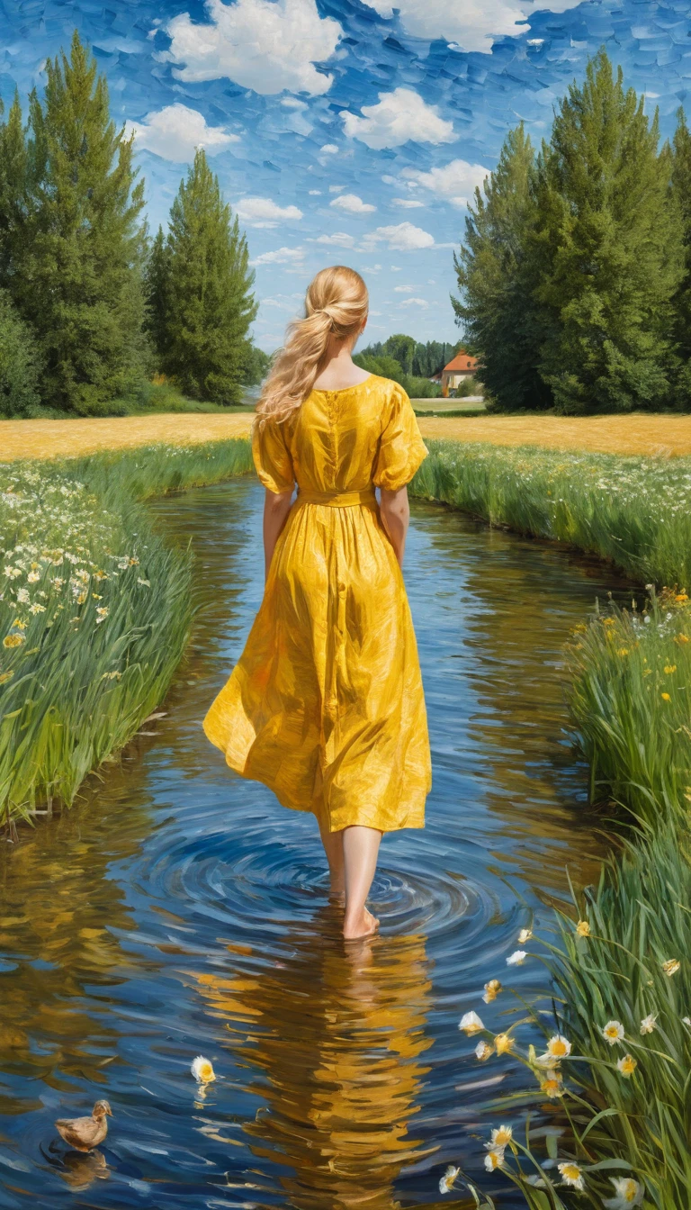 Nude young woman feeding geese in a sunlit pond
