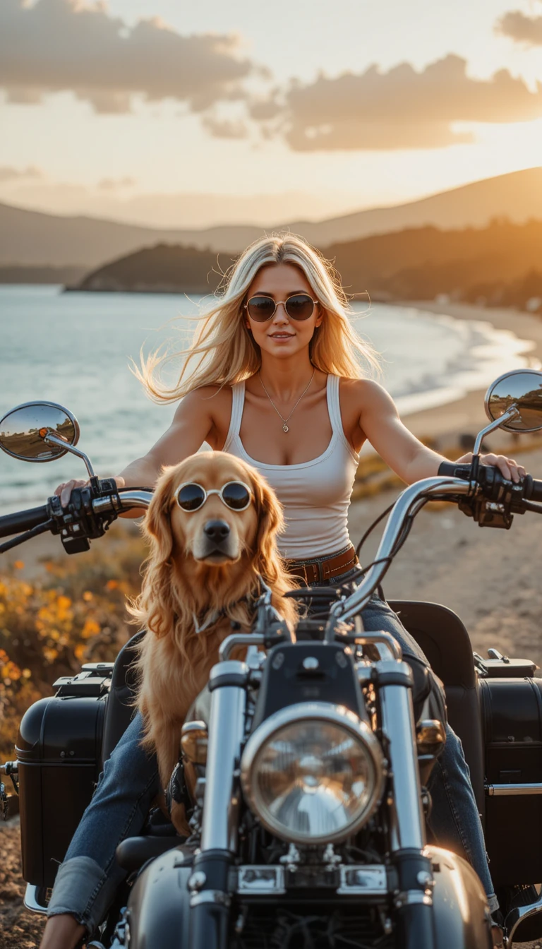Woman riding motorcycle with dog in sidecar at sunset