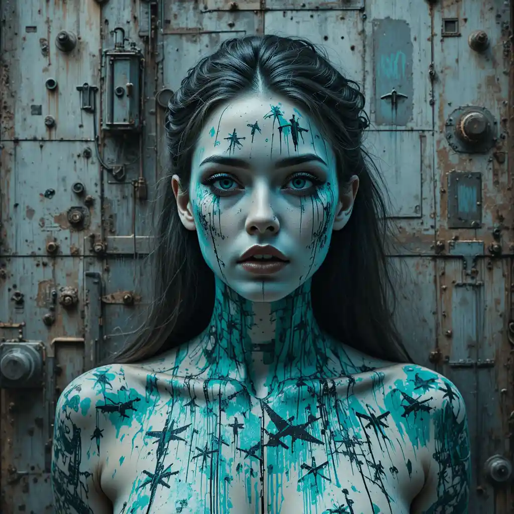 Surreal glitch woman on rusted aircraft carrier hull
