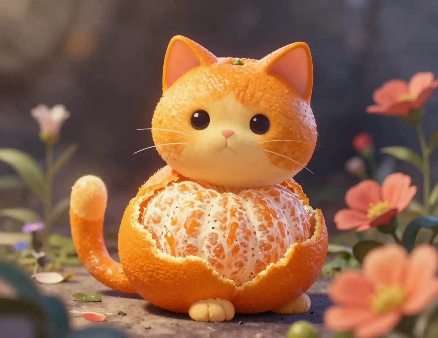 Arancia Surreale 3D a Forma di Gatto tra Fiori Vivaci