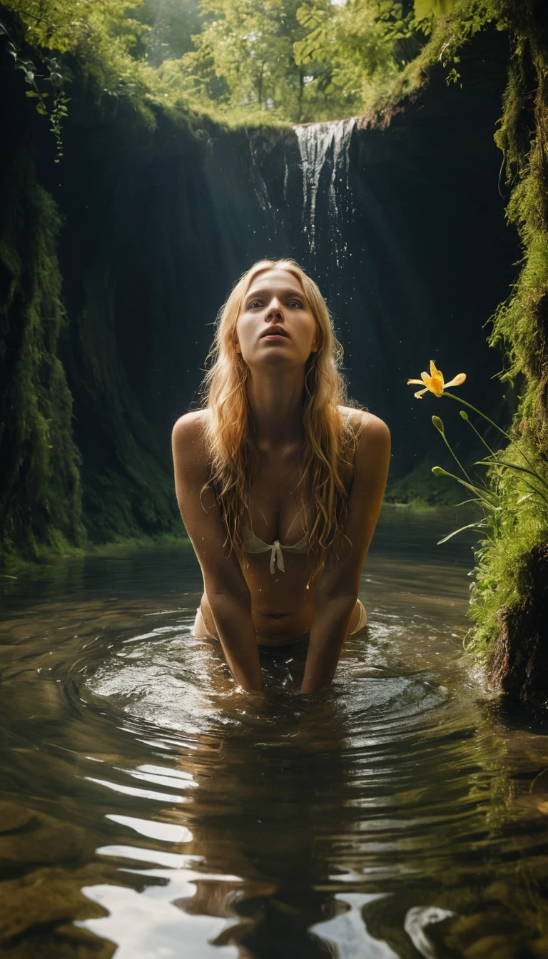 Young nude woman in sunlit pond with white geese