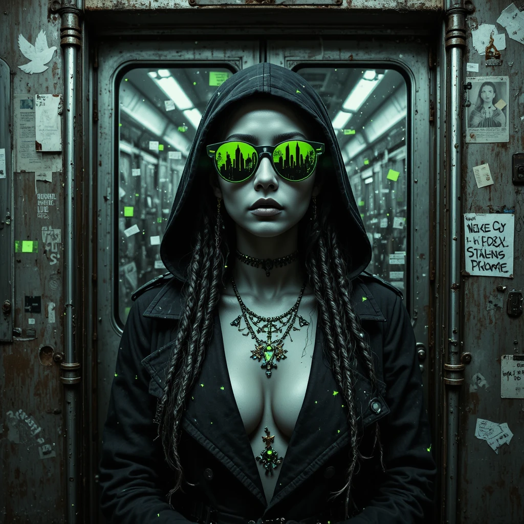 Cyberpunk hooded woman portrait on subway car doors