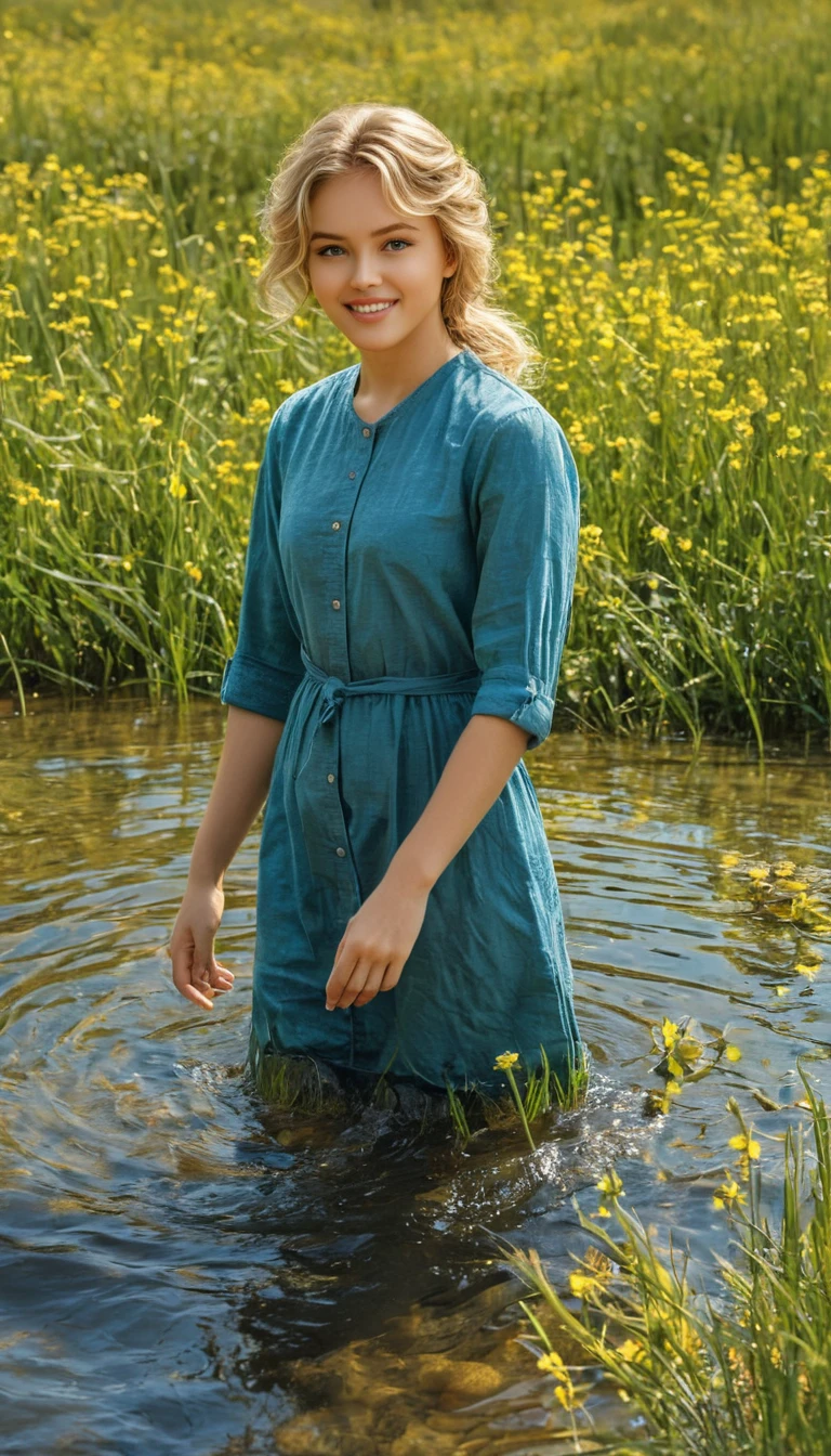 Young nude woman standing in a sunlit pond with geese