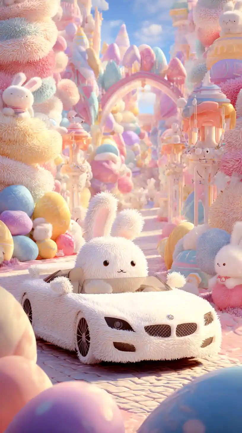 ふわふわの白いファーの車がパステルの石畳の道を走る