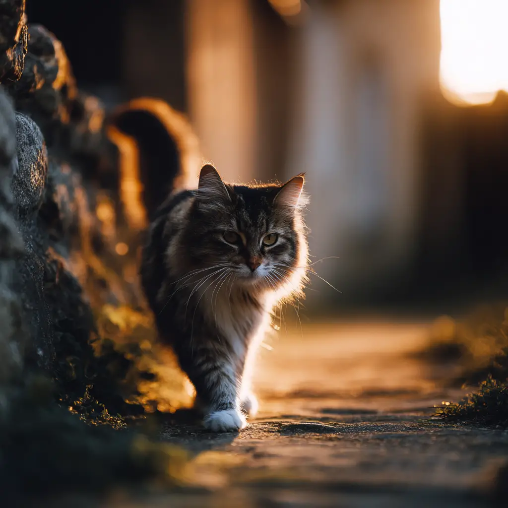 Gatto curioso su un tranquillo sentiero di villaggio al crepuscolo