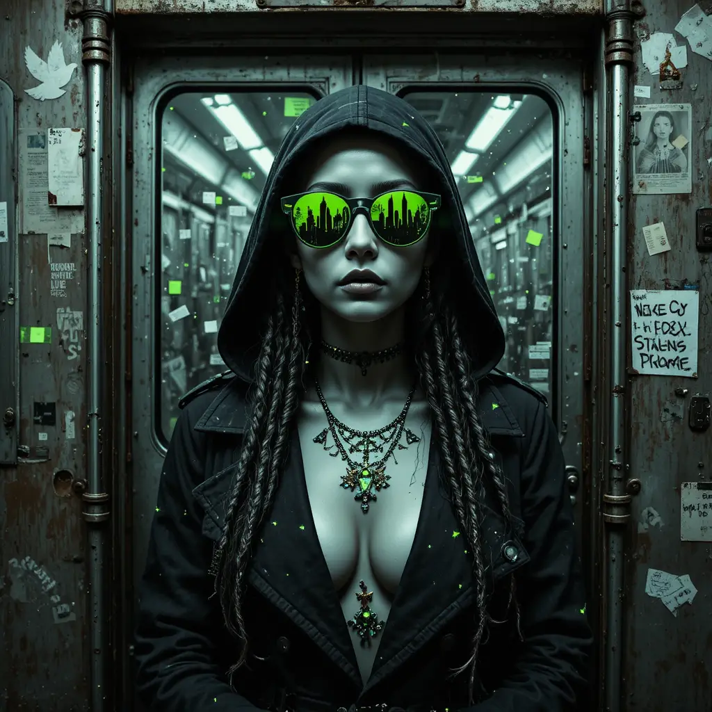 Cyberpunk hooded woman portrait on subway car doors