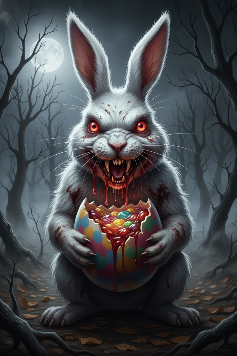 Lapin blanc enragé dévorant un œuf de Pâques sanglant dans la nuit