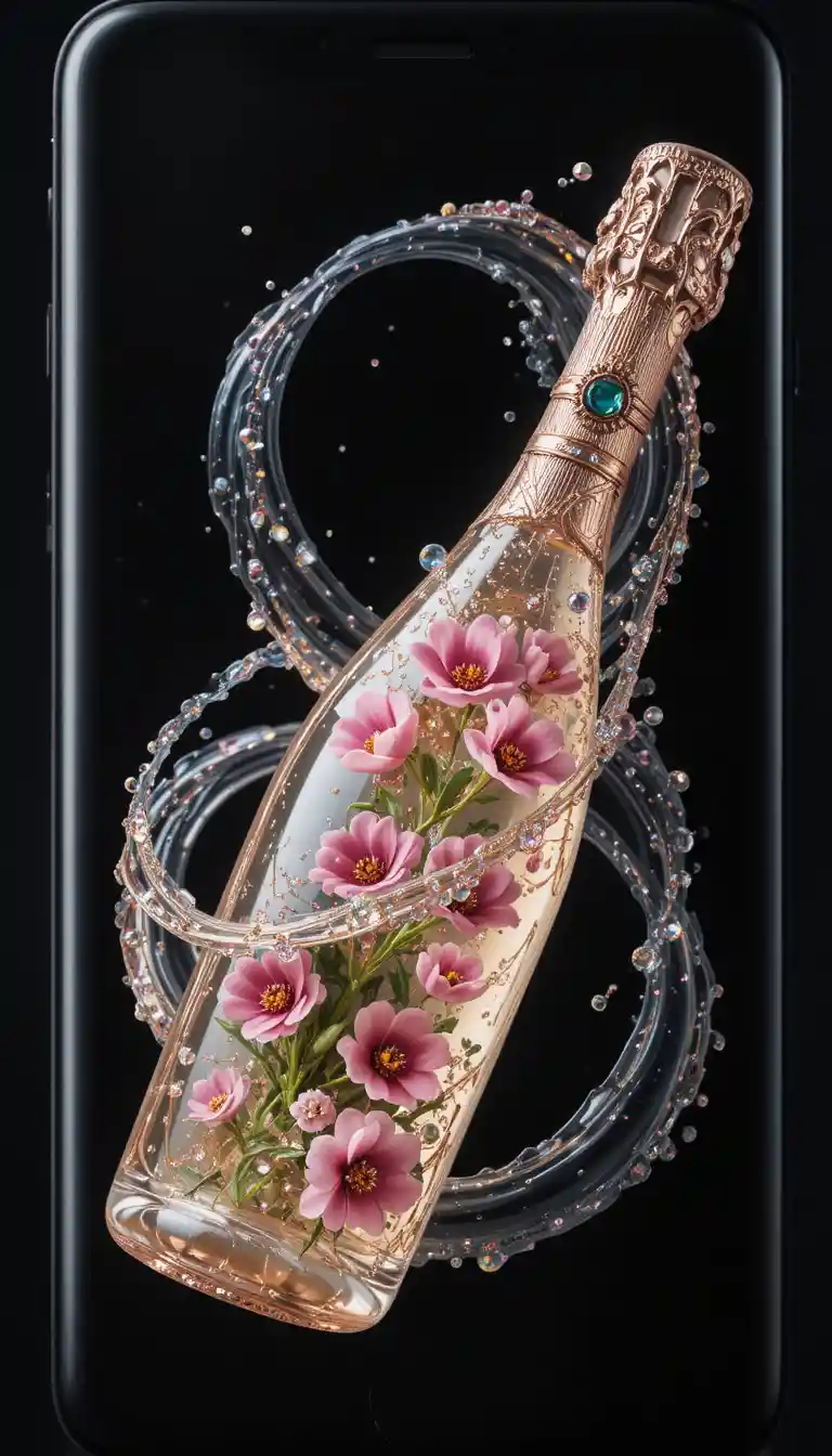 Smartphone nero opaco con vortice di schizzo di champagne bianco