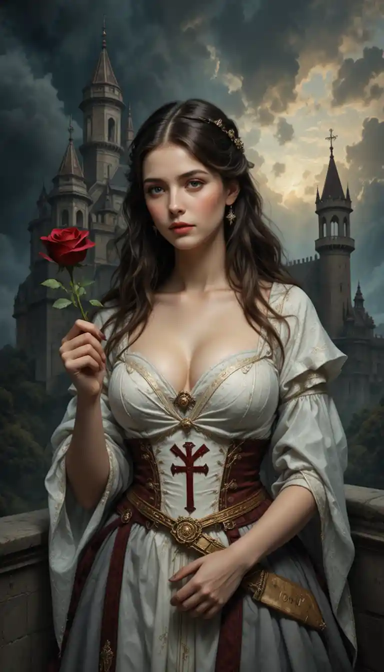 Mulher templária de vestido branco segurando uma rosa diante do castelo