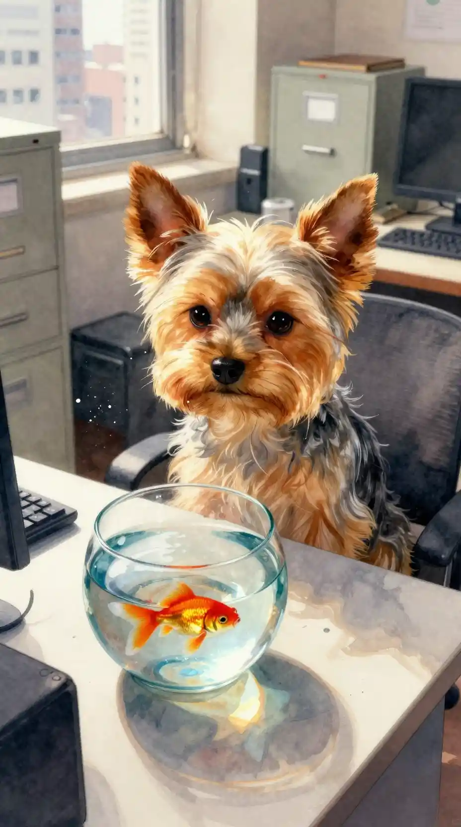 Aquarellhund an überladenem Schreibtisch mit Goldfischen
