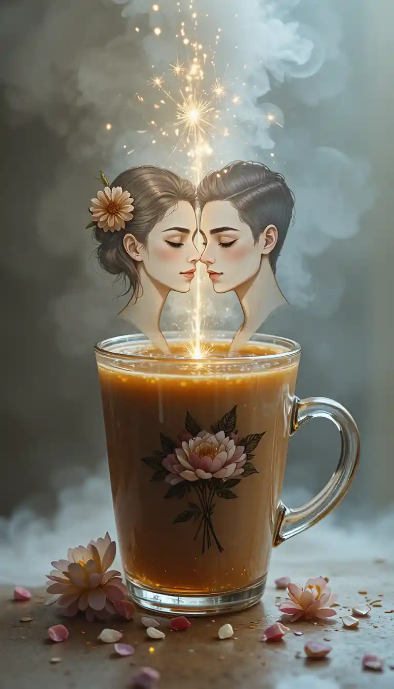 Schizzo minimalista di una donna con caffè e gelatina fluttuante