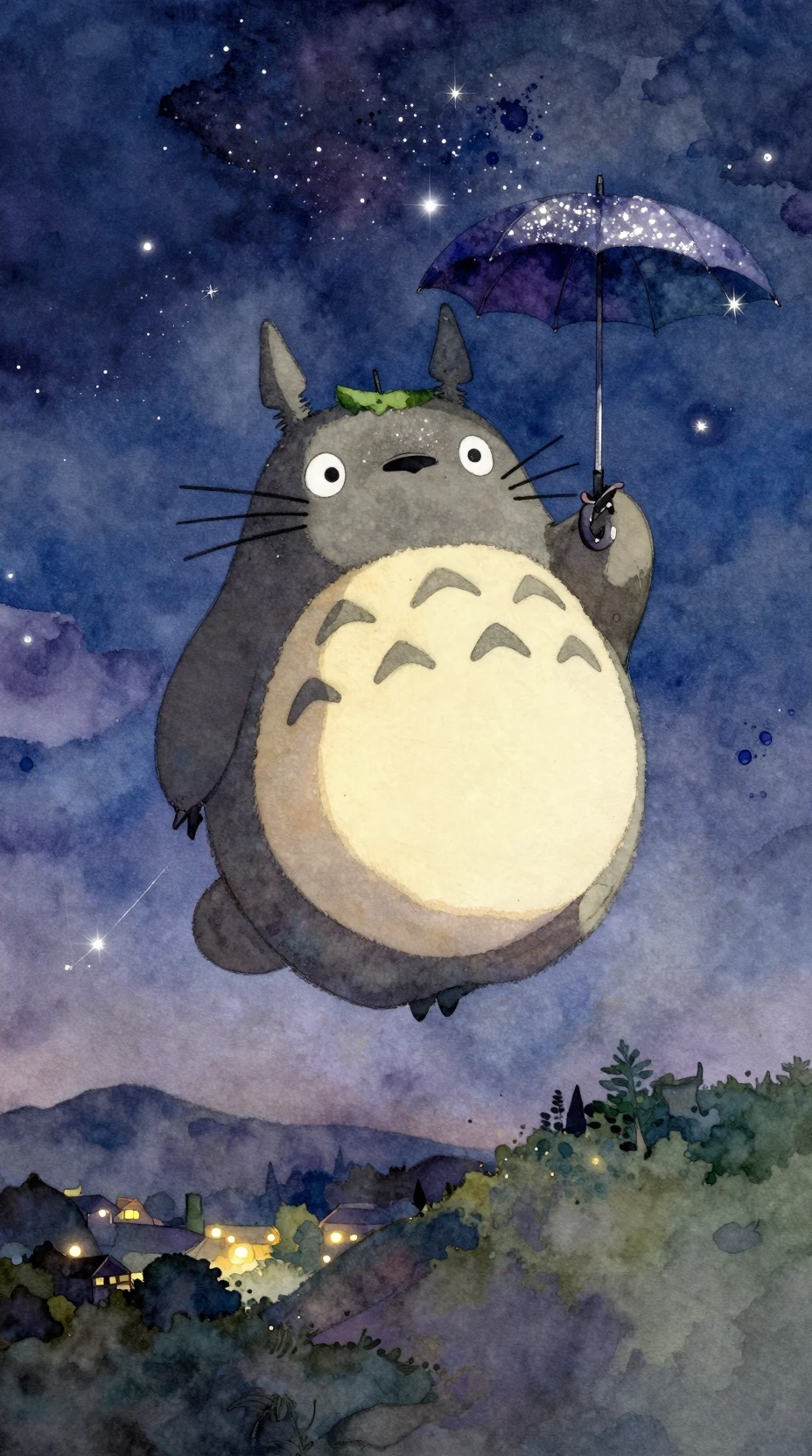 Watercolor totoro flying through a starlit night sky