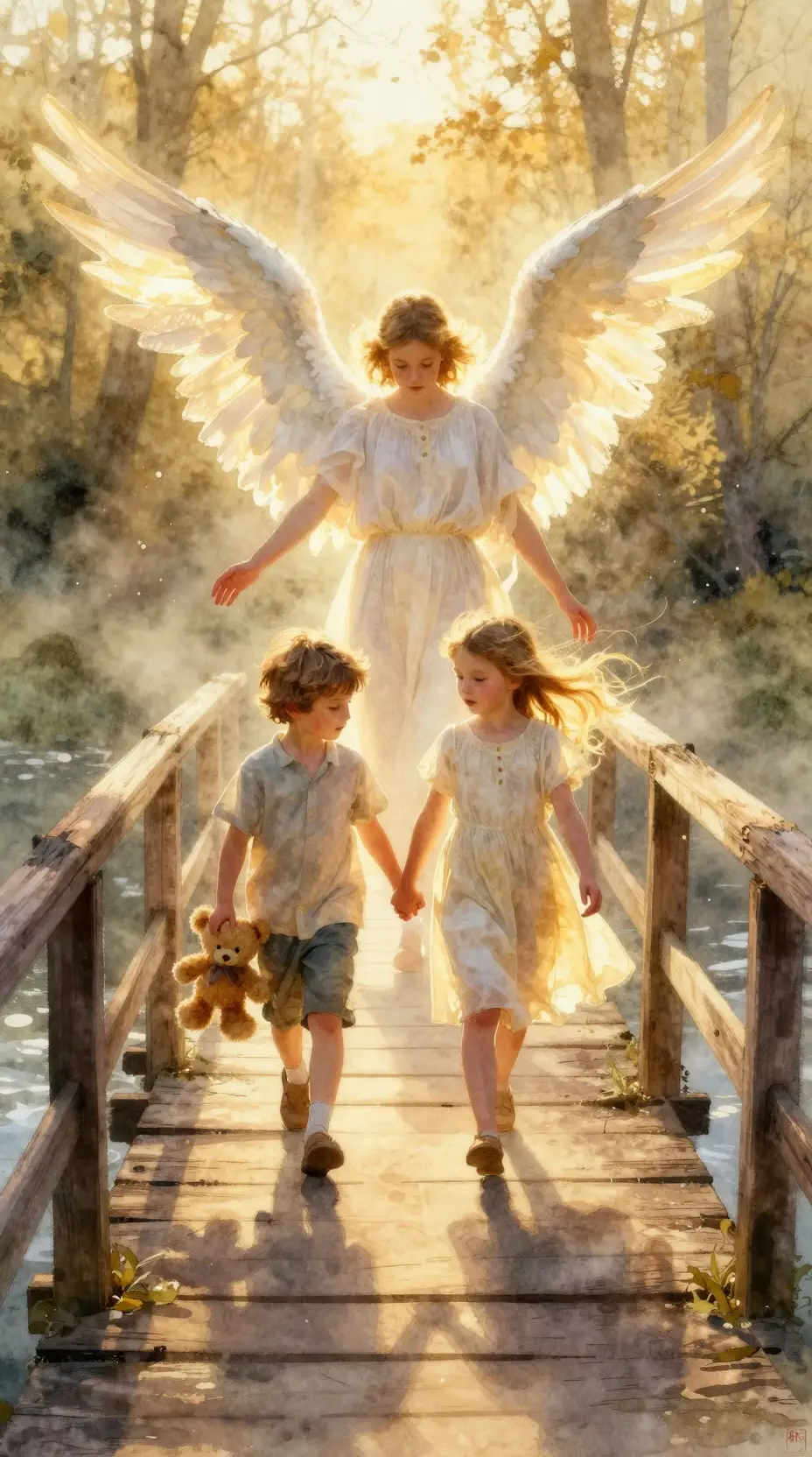 Guardian angel watching children cross an old wooden bridge