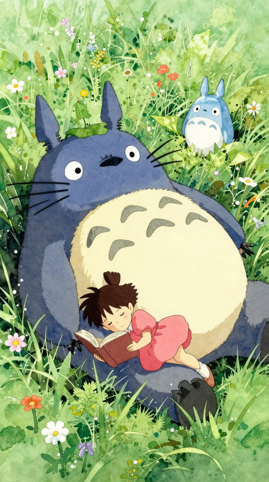 Watercolor scene of a giant creature napping in tall grass