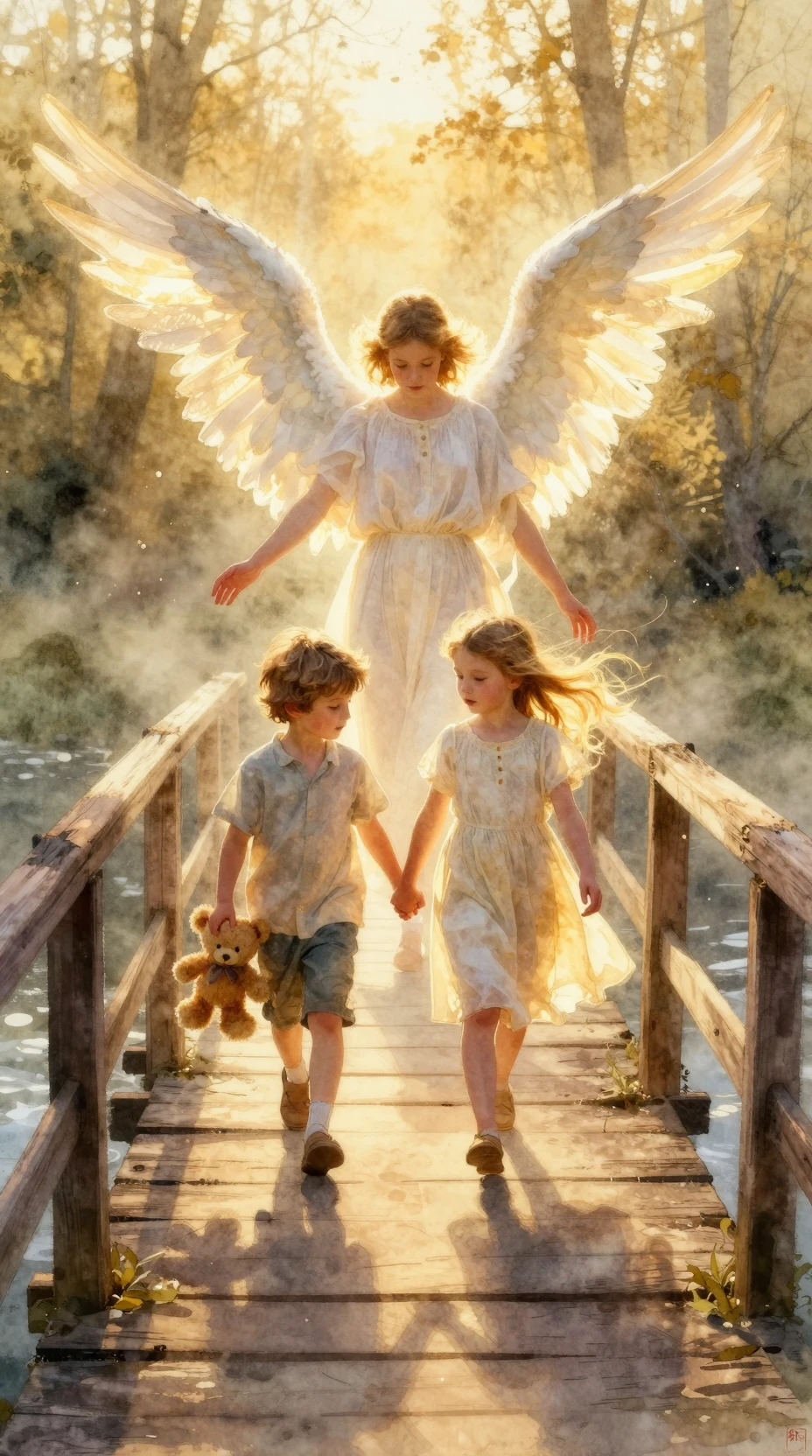 Guardian angel watching children cross an old wooden bridge