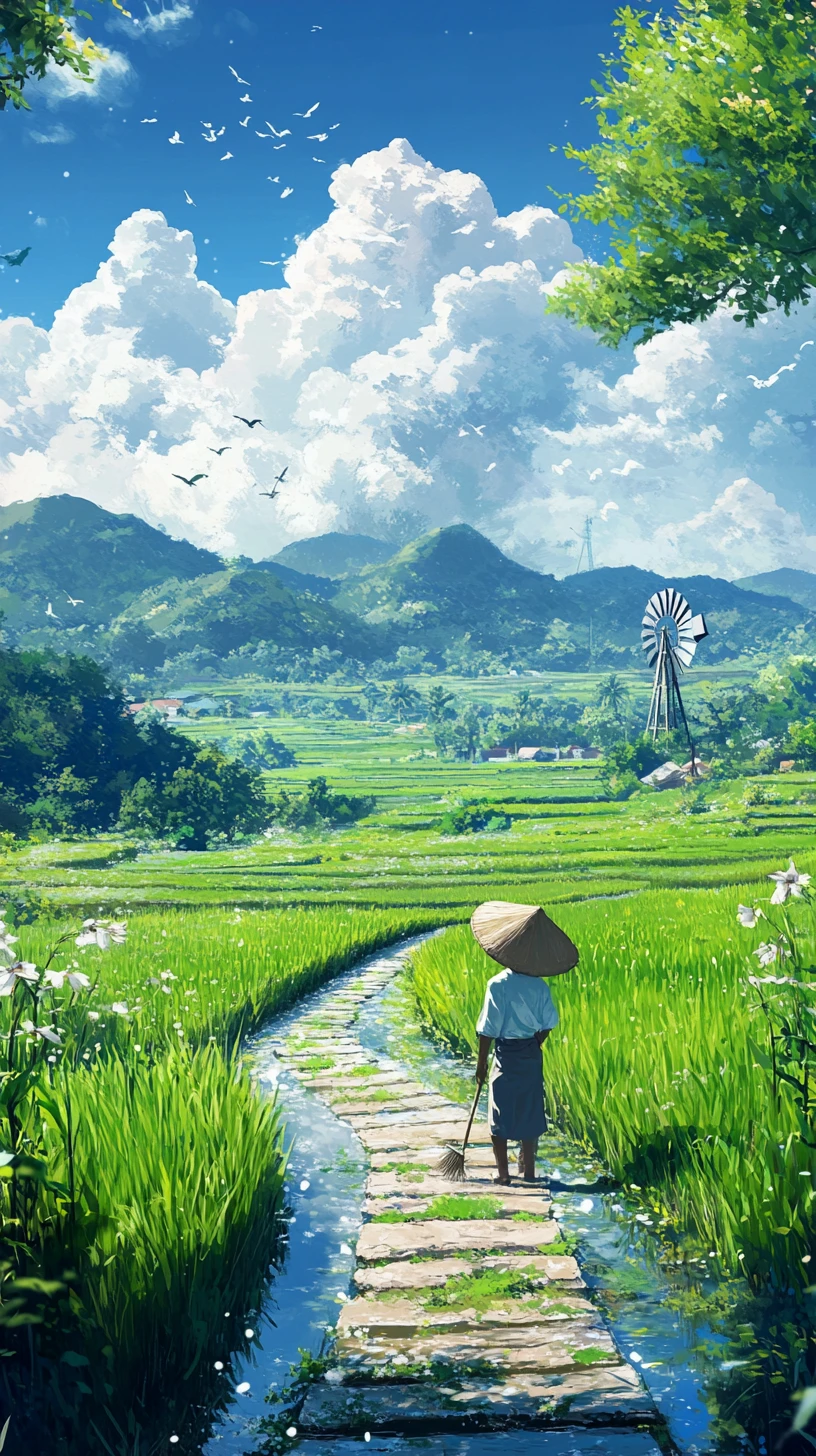 Risaie in Stile Ghibli con Contadino nella Thailandia Rurale