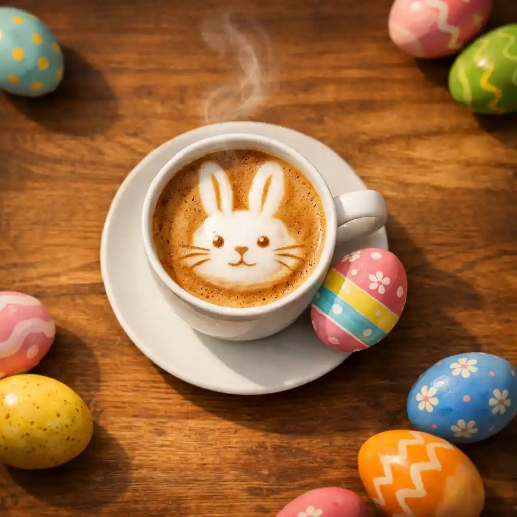 Vue de dessus d’un café latte art avec des œufs de Pâques