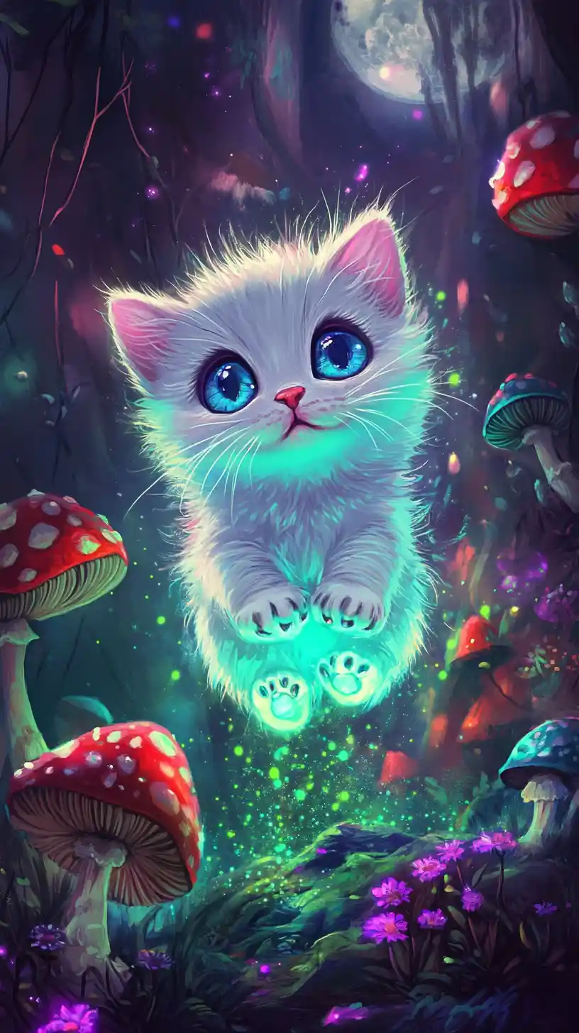 Cute white chibi kitten floating in glowing mushroom forest